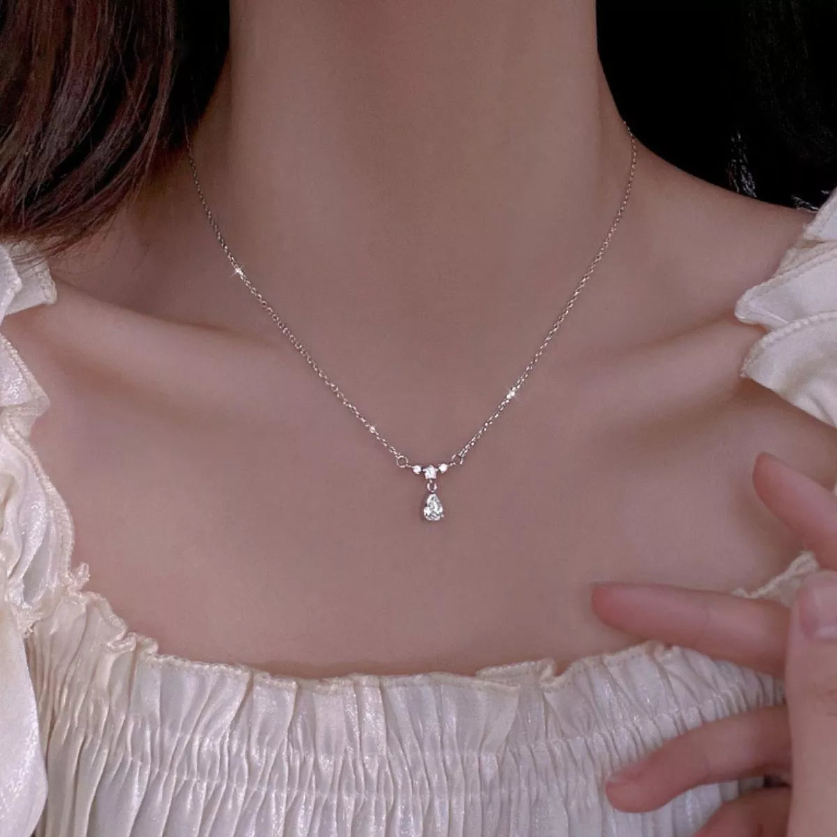 Sterling Silver Zircon Teardrop Necklace - alternate necklace view