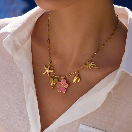 Beach Theme Pendant Necklace with Resin Flower in Gold - women's pendant necklace