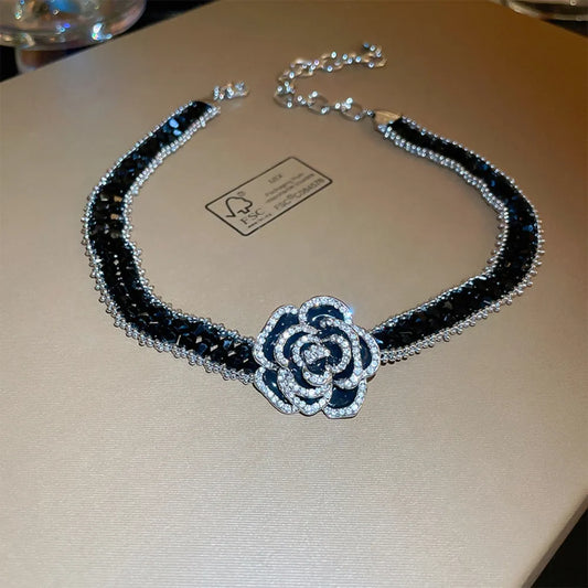 Alloy Crystal Rose Necklace in Black - women's necklace