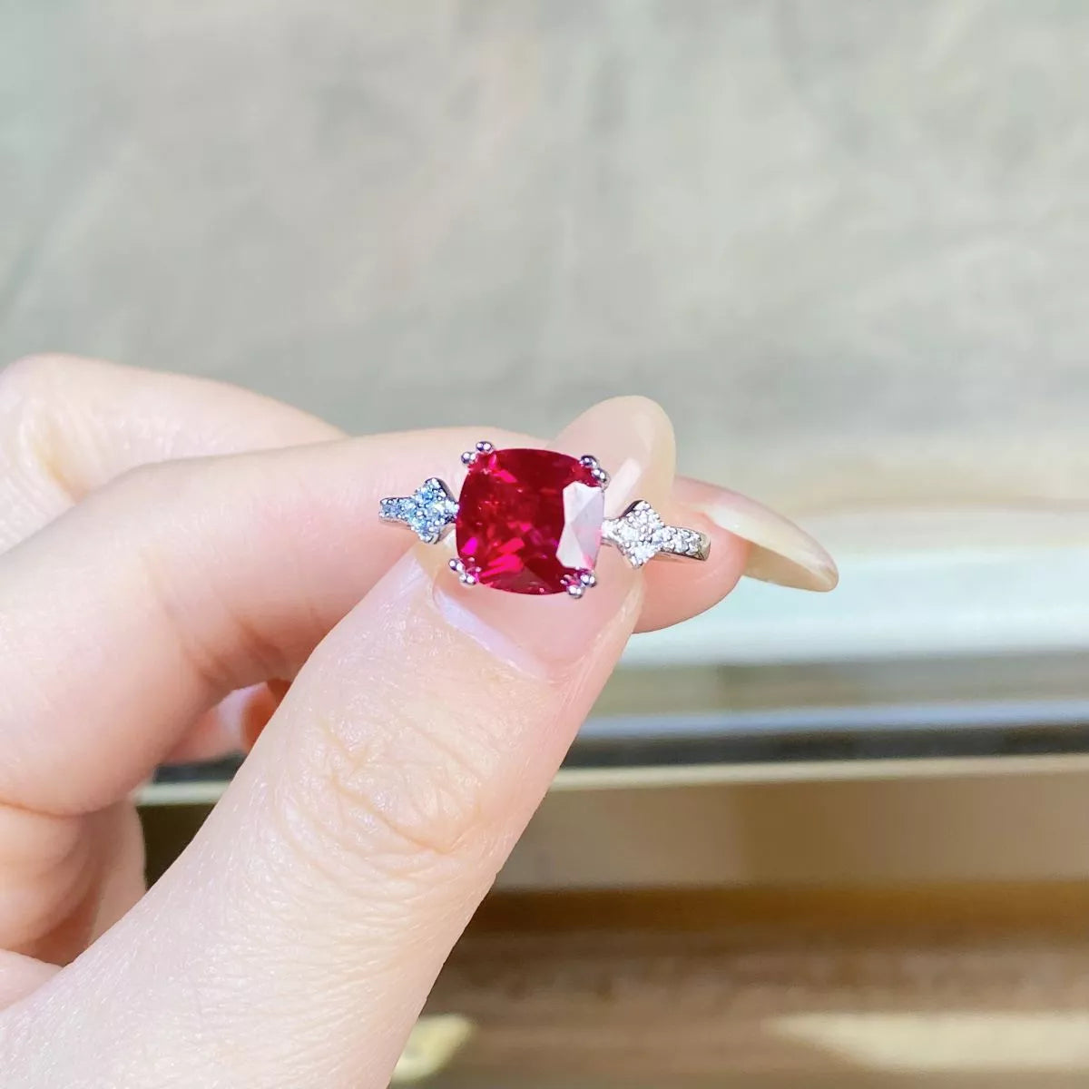 Sterling Silver Zircon Geometric Ring in Red - women's ring