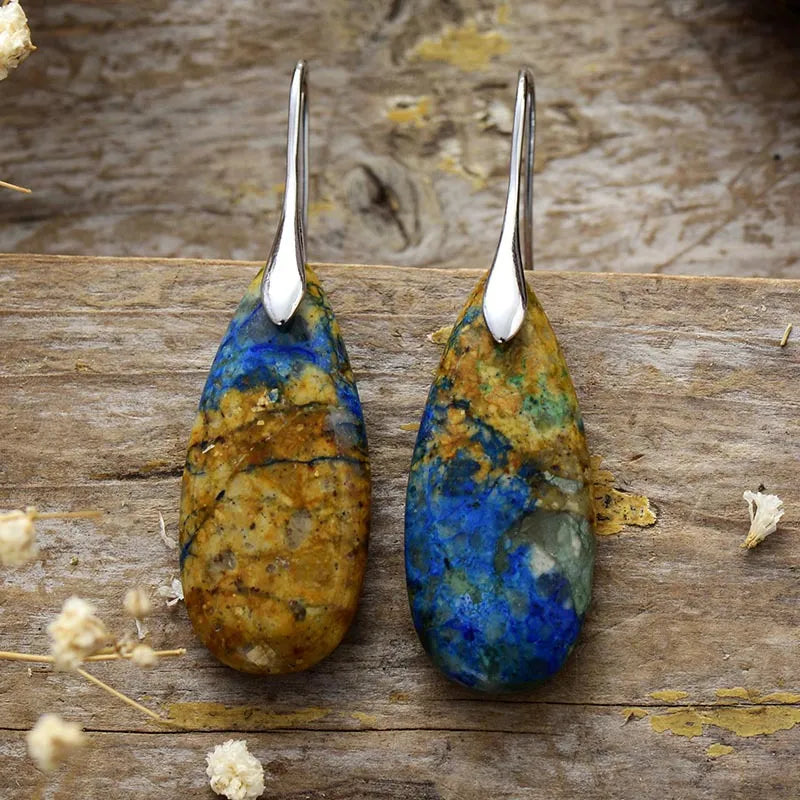 Teardrop Shape Natural Stone Dangle Earrings in Blue/Brown/Silver - women's dangle earrings