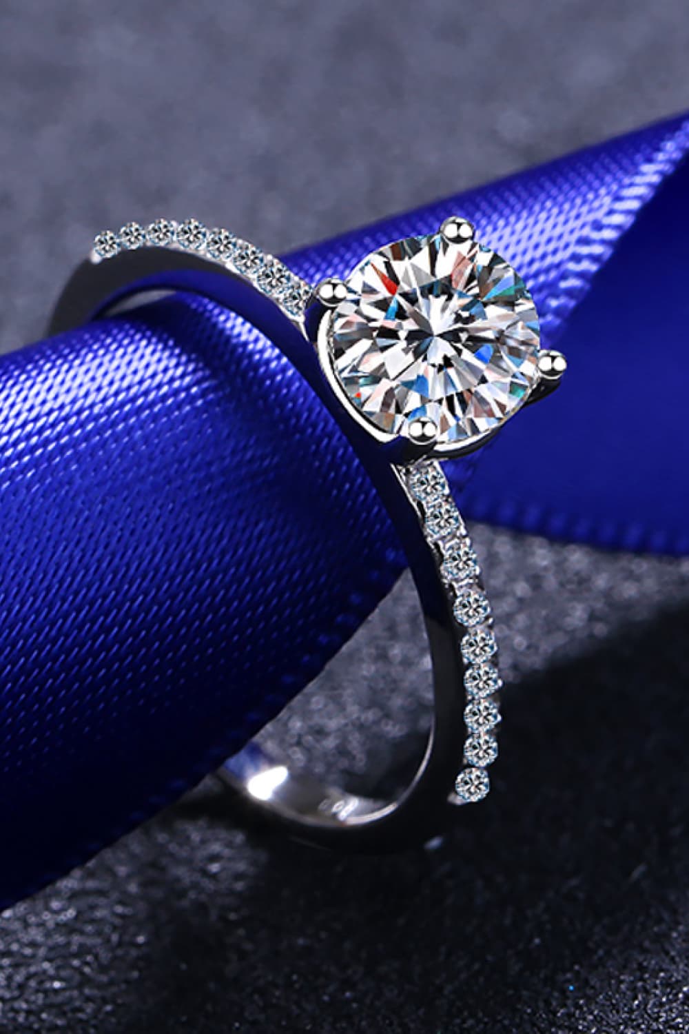 1 Carat Moissanite Rhodium-Plated Side Stone Ring in Silver - women's side-stone ring