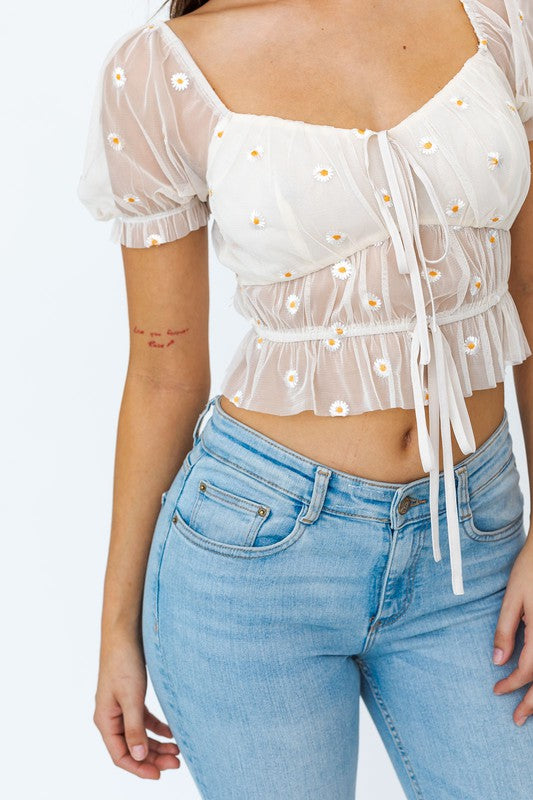 Ruched Embroidery Crop Top