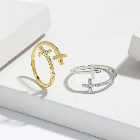 Zircon Sterling Silver Double Cross Bypass Ring in Gold - women's ring