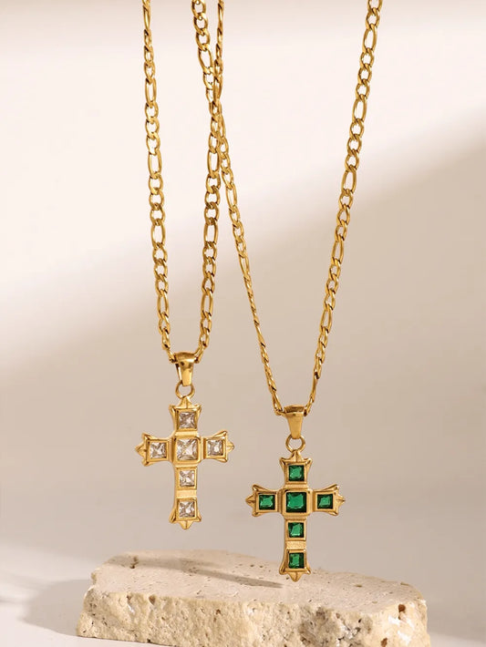 Stainless Steel Zircon Cross Pendant Necklace in Green - women's pendant necklace