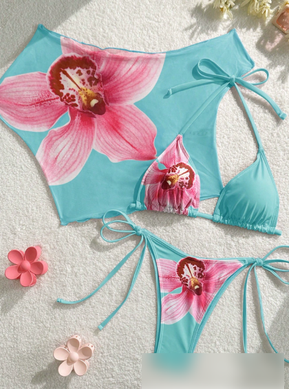 Split Swimsuit Lace up Bikini Short Sleeved Blouse Three Piece Swimsuit Slim Sexy Bikini