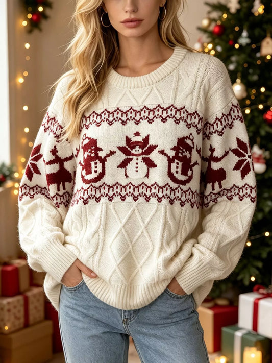 Christmas Snowman Pattern Cable-Knit Sweater in White - women's sweater
