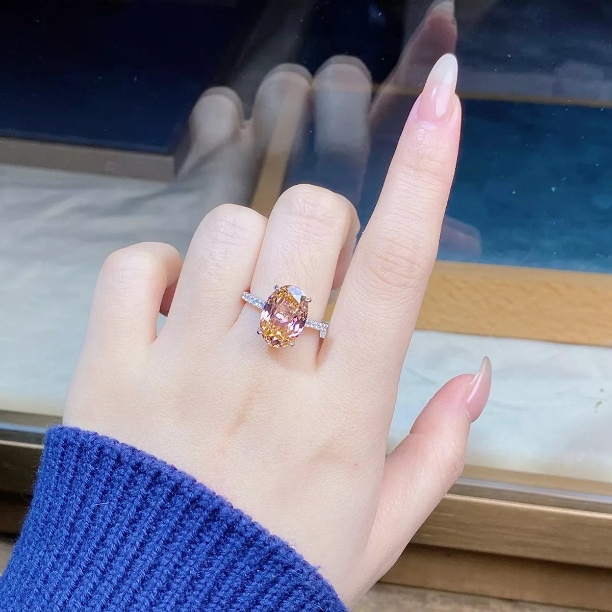 Sterling Silver Zircon Oval Ring in Watermelon pink - women's ring
