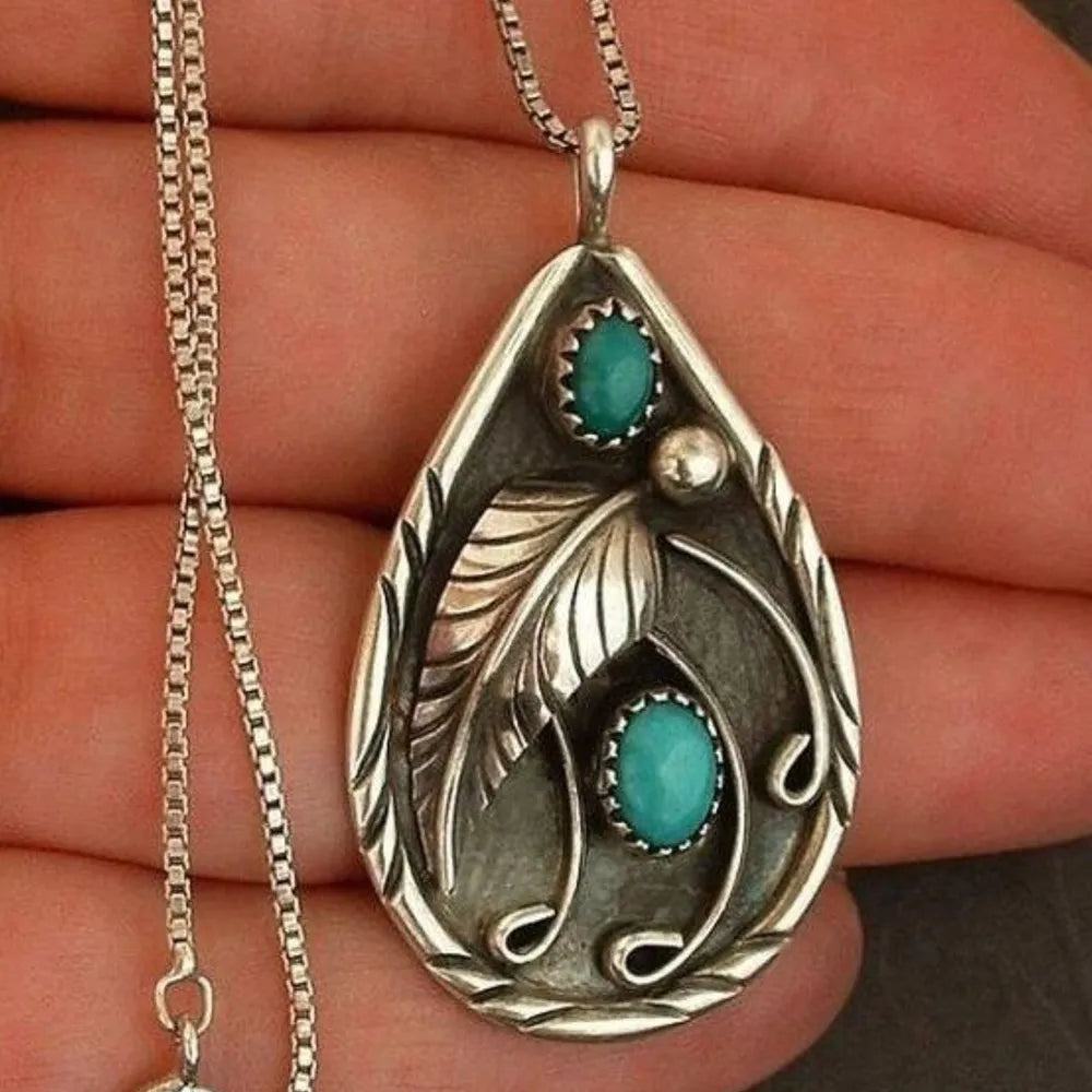 Alloy Artificial Turquoise Teardrop Pendant Necklace - alternate necklace view