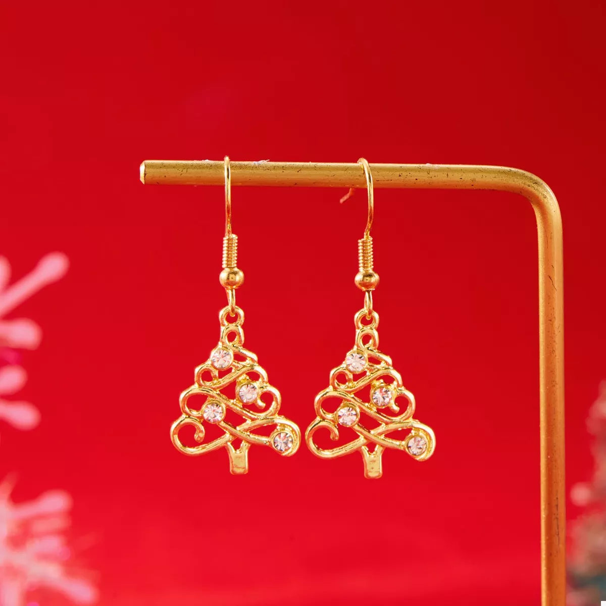 18K Gold-Plated Rhinestone Christmas Tree Dangle Earrings - alternate earring view