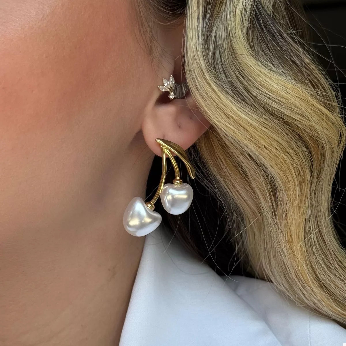 18K Gold-Plated Pearl Cherry Earrings - alternate earring view