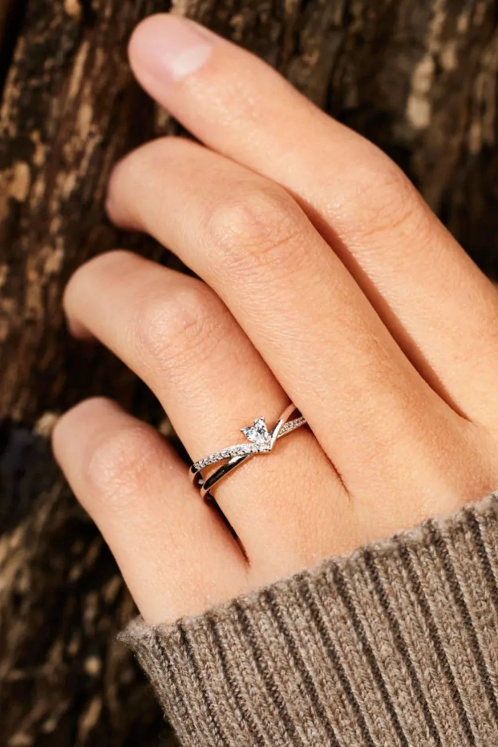 Sterling Silver Inlaid Zircon Heart Open Ring in Silver - women's open ring