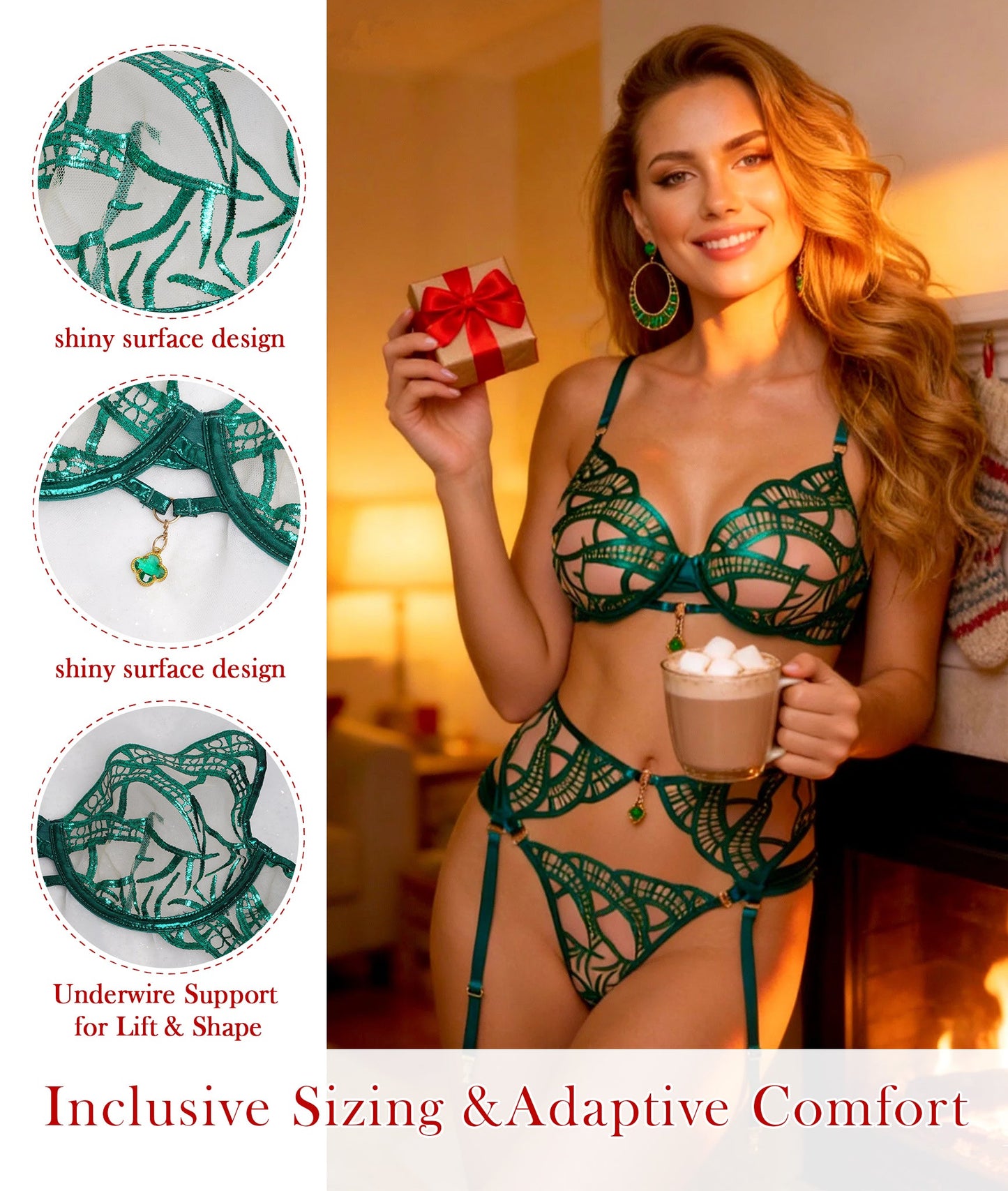 Luxe Green Metallic Foil Lace Lingerie Set