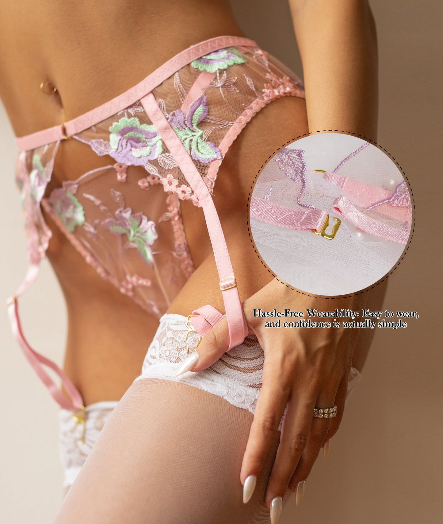 Pink Floral Embroidery Pearl Chain Lingerie Set