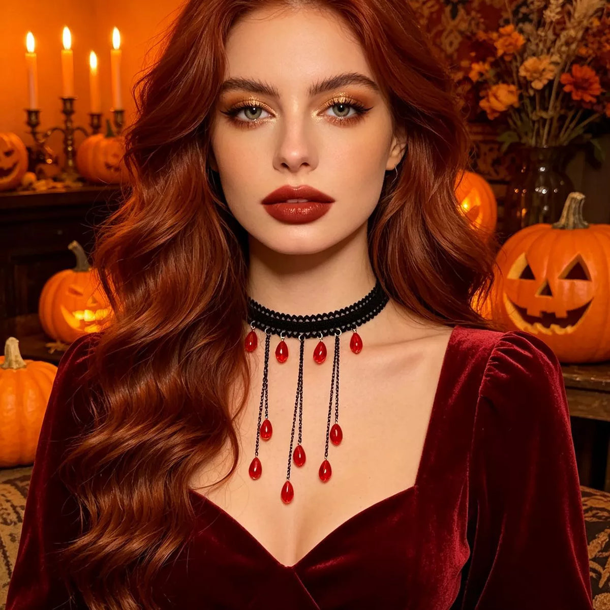 Gothic Lace Choker Necklace with Teardrop Dangle Charms - alternate necklace view