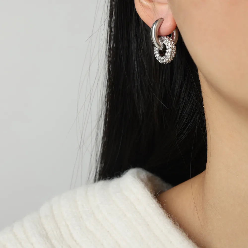 Titanium Steel Inlaid Zircon Double-Hoop Earrings - alternate earring view