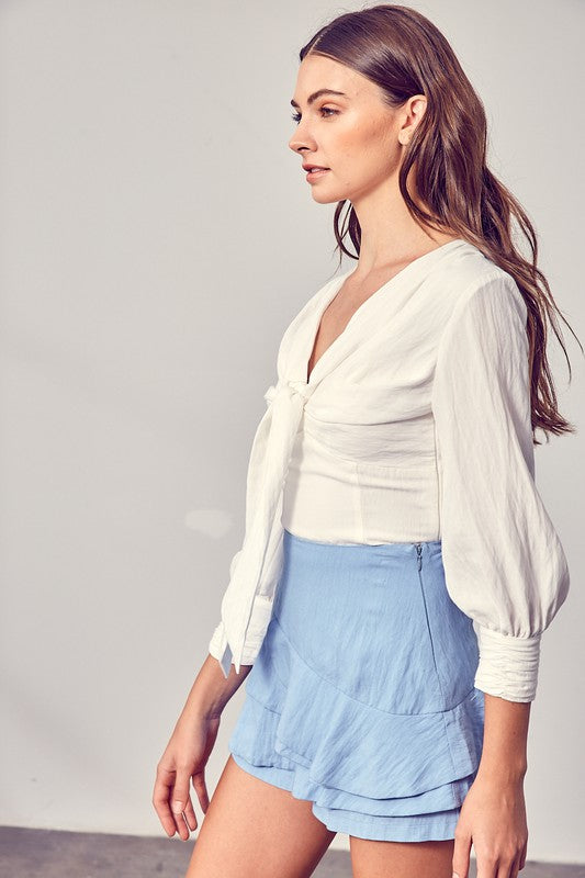 Front Tie Long Sleeve Blouse