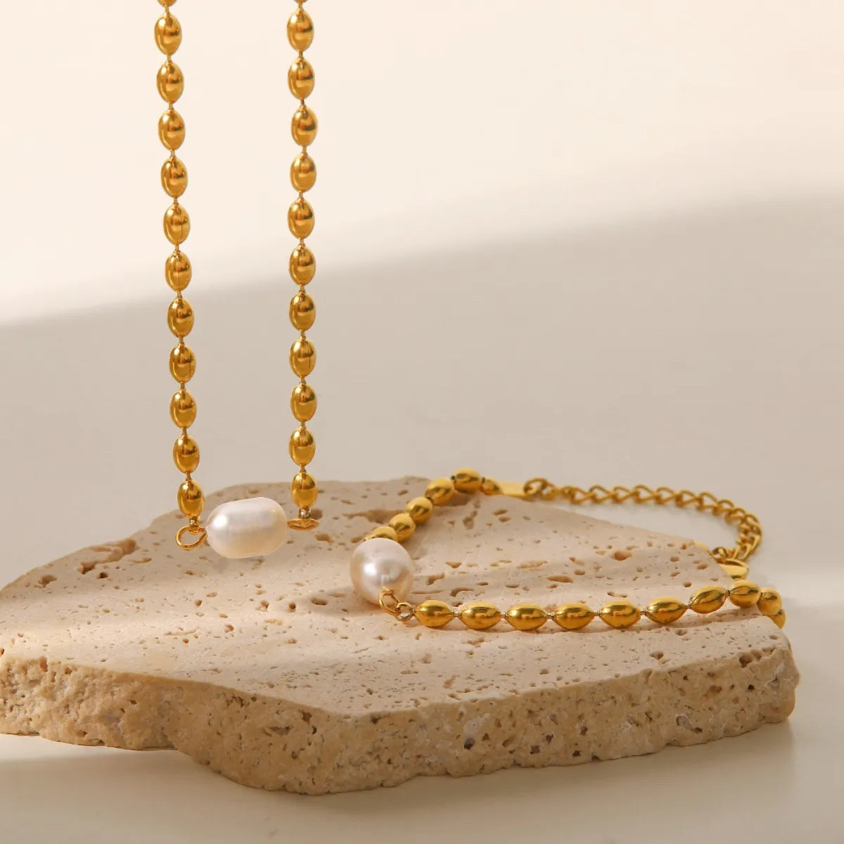 Pearl and Gold Chain Set with Necklace and Bracelet - alternate necklace view