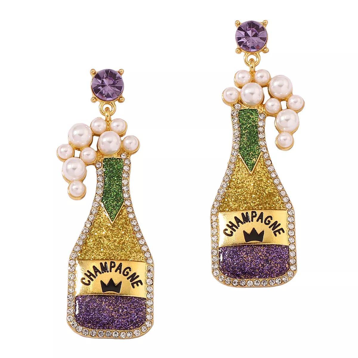 Champagne Bottle Earrings with Pearls - alternate earring view