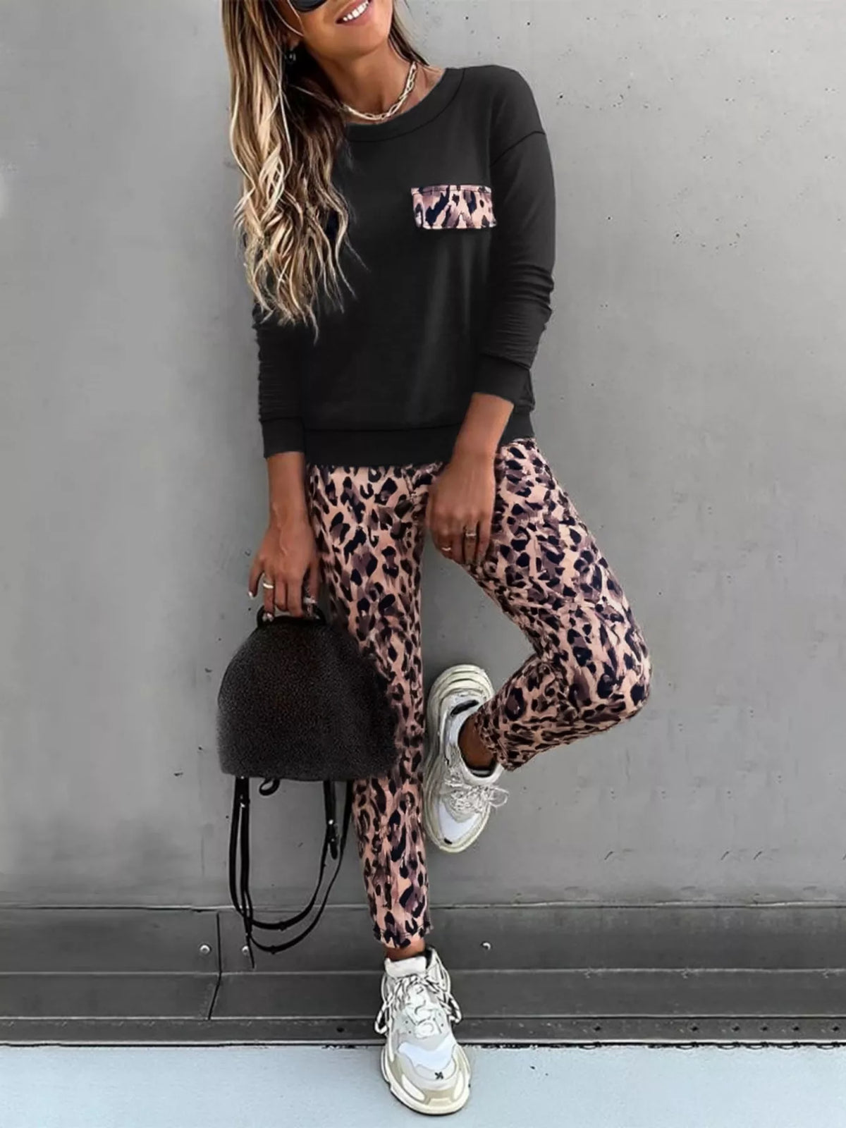 Leopard Print Top and Pants Set in Black - women's matching pants set