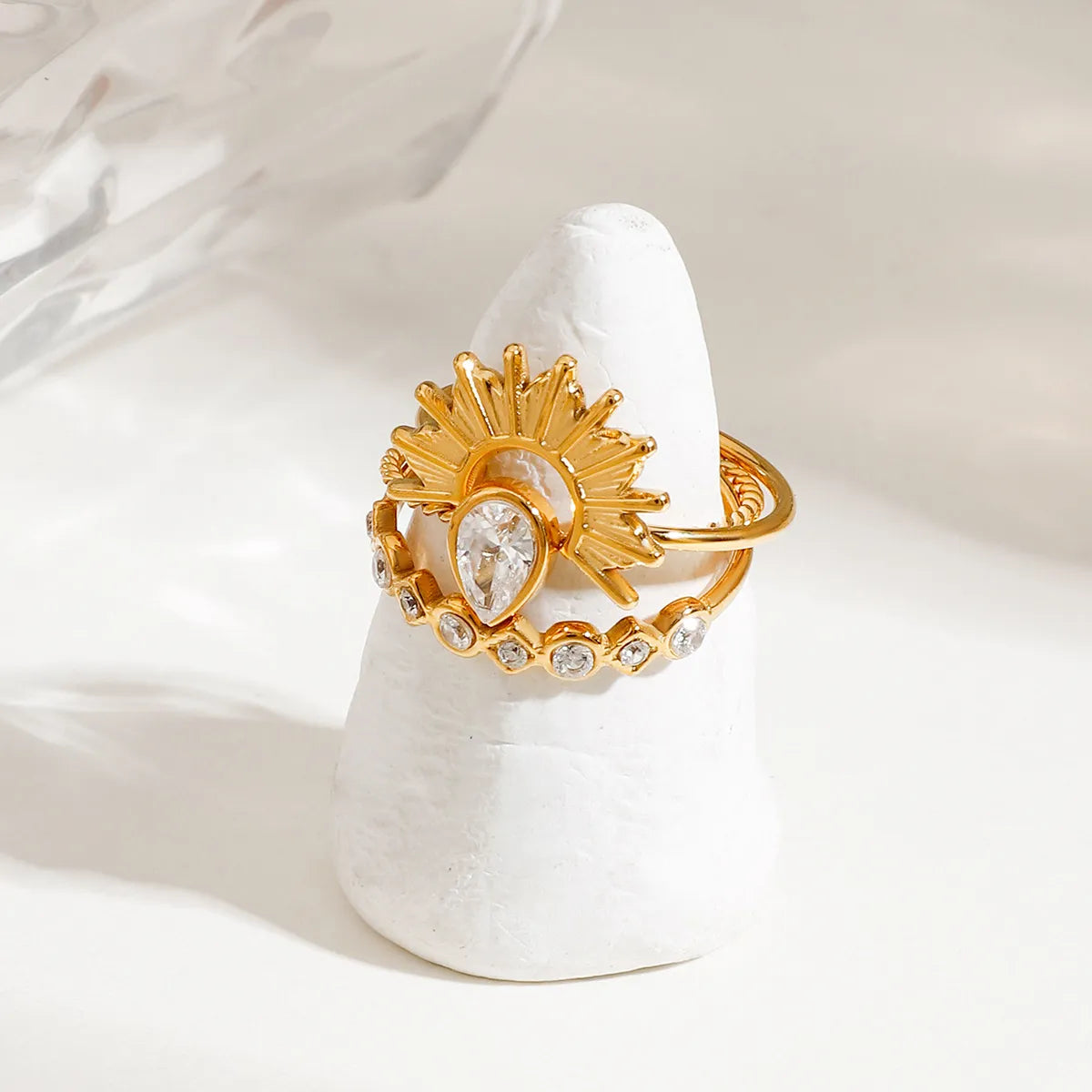 3 Piece Stainless Steel Rhinestone Sunburst Crown Ring - alternate ring view