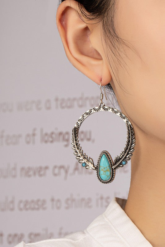 Turquoise Stone Feather Drop Earrings