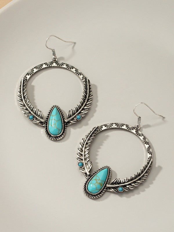 Turquoise Stone Feather Drop Earrings