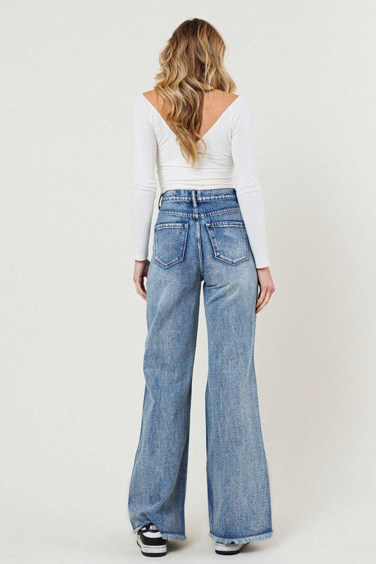 High Distressed Wide-Leg Jeans
