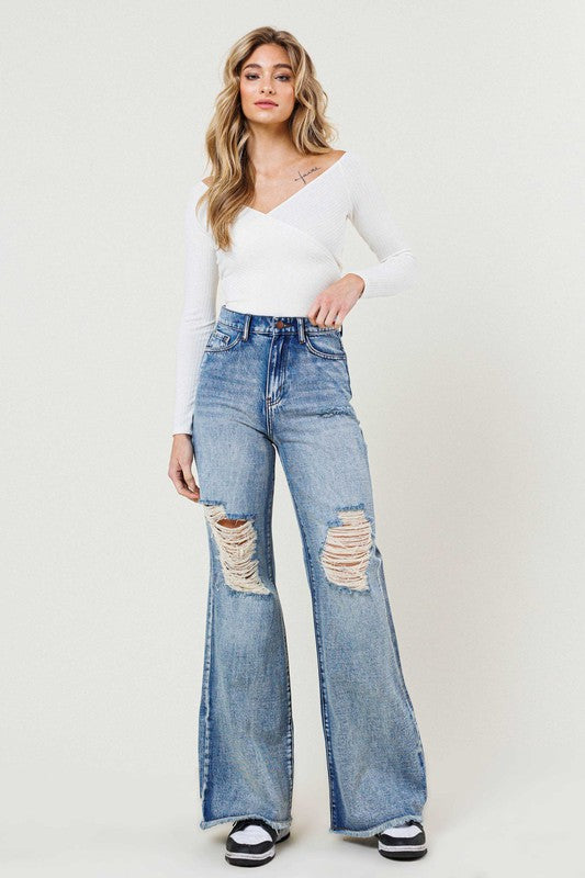 High Distressed Wide-Leg Jeans