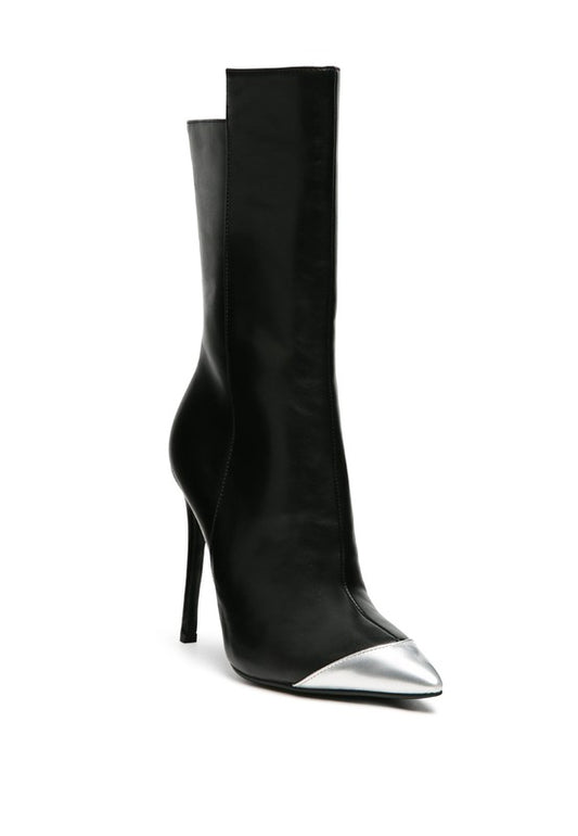 Two-Tone Stiletto Boots featuring a pointed toe and stiletto heel, expertly crafted for fashion enthusiasts. Made with a polyurethane upper and a manmade lining, these boots include a rubber outer sole and a side zipper opening for style and practicality. Elevate any outfit with these above-ankle length booties. Enjoy free shipping on ALL orders. Shop now!