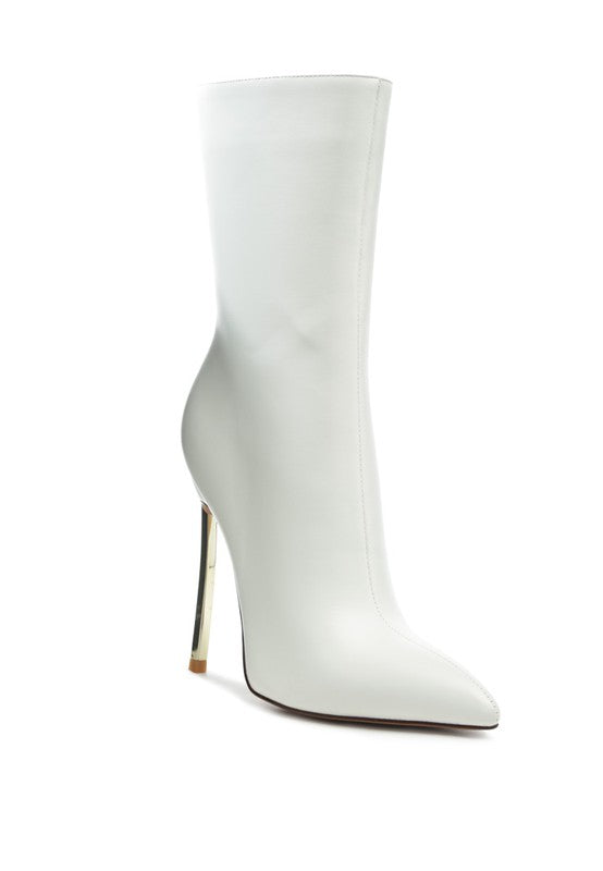 Elegant Thin Heel Mid Calf Boots featuring a sleek patent polyurethane upper material and microfiber lining. The closed pointed toe and pointed metal heel add sophistication, while the side zipper opening and over-the-ankle design ensure easy wear. Ideal for formal or professional occasions. Free shipping on all orders. Shop now!