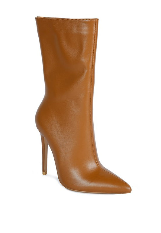 Calf Pointed Toe Boots with a sleek stiletto heel measuring 11.5 cm/4.5 inches. Features a pointed toe, side zipper opening, and crafted with high-quality leatherette material. Soft vegan leather lining and rubber outer sole provide comfort and durability. Free shipping on all orders. Shop now!