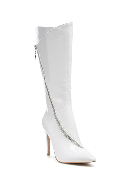 Zip Around Calf Boots designed for a sleek, stylish look with a stiletto heel and faux leather upper for a luxurious feel. Featuring soft vegan leather lining and a rubber outer sole for comfort and durability. The pointed toe, zipper detail, and wrap design add a touch of sophistication to any outfit. Heel height: 10 cm / 3.9 inches. Enjoy free shipping on ALL orders. Shop now!