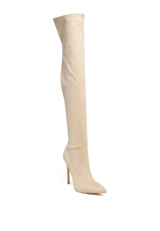 Over The Knee Stretch Boots with stiletto heels and closed pointed toes. Crafted from faux suede for a luxurious look, these boots feature a rubber sole and anti-skid outsole for stability and comfort. Ideal for both night outings and office wear. Enjoy free shipping on all orders. Shop now!