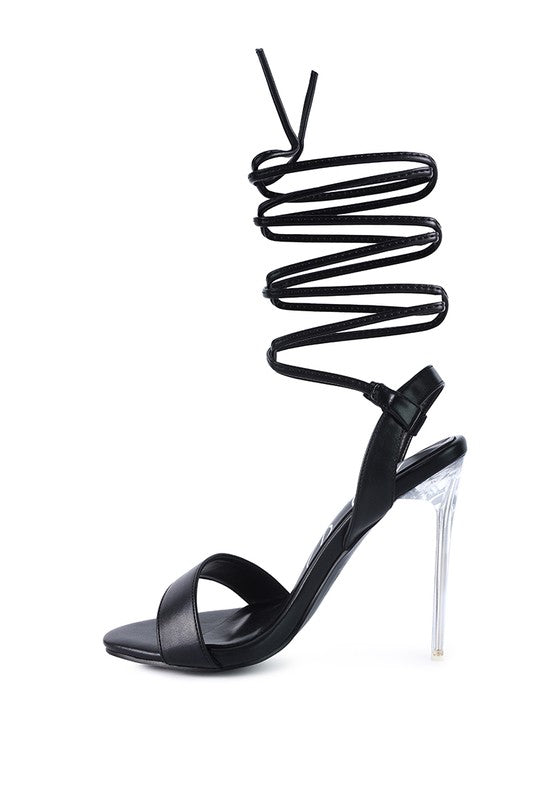 Clear Stiletto Lace Up Heel Sandals