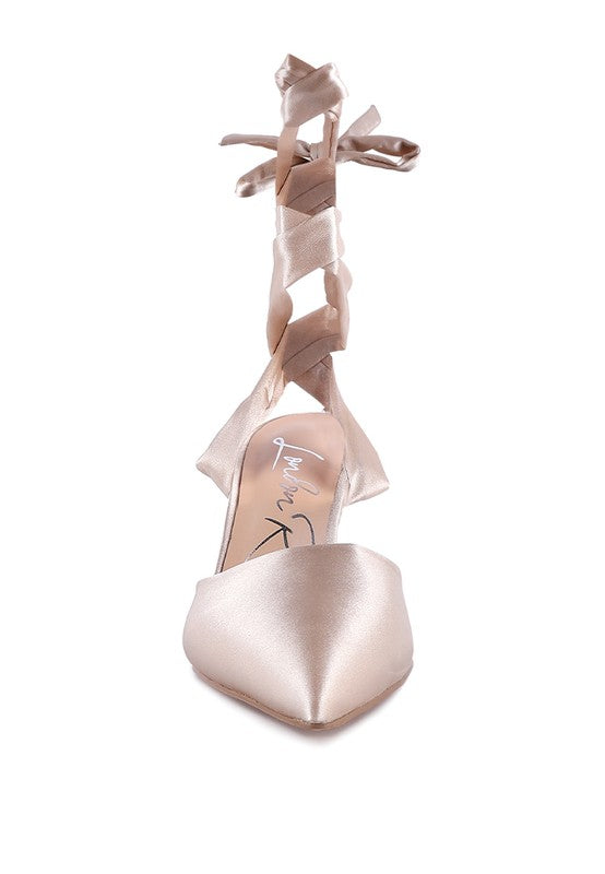 Satin Lace-Up Heel Pumps