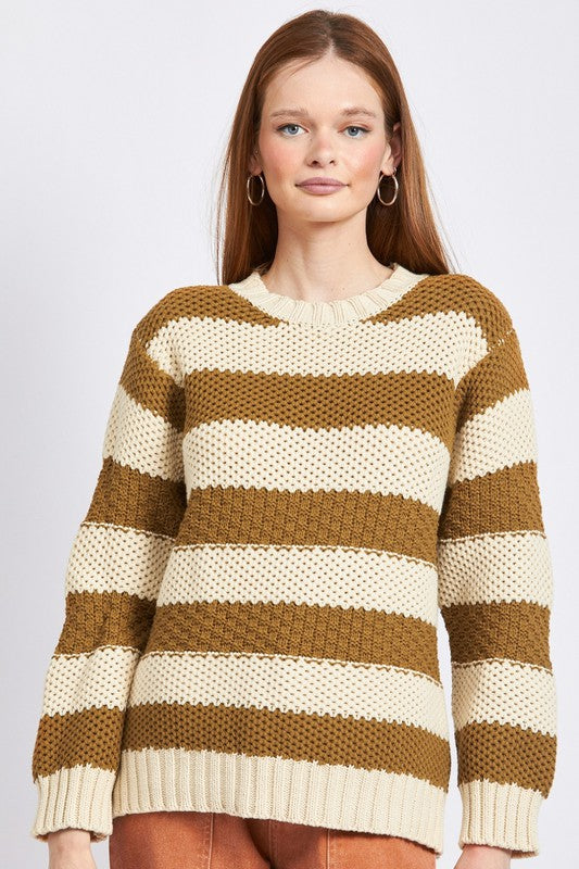 Oversized Sweater featuring a trendy striped pattern and chunky knit fabric for style and comfort. Designed with ribbed hems and a round neckline, this cozy pull-on piece is perfect for staying warm and fashionable. Enjoy free shipping on all orders. Shop now!