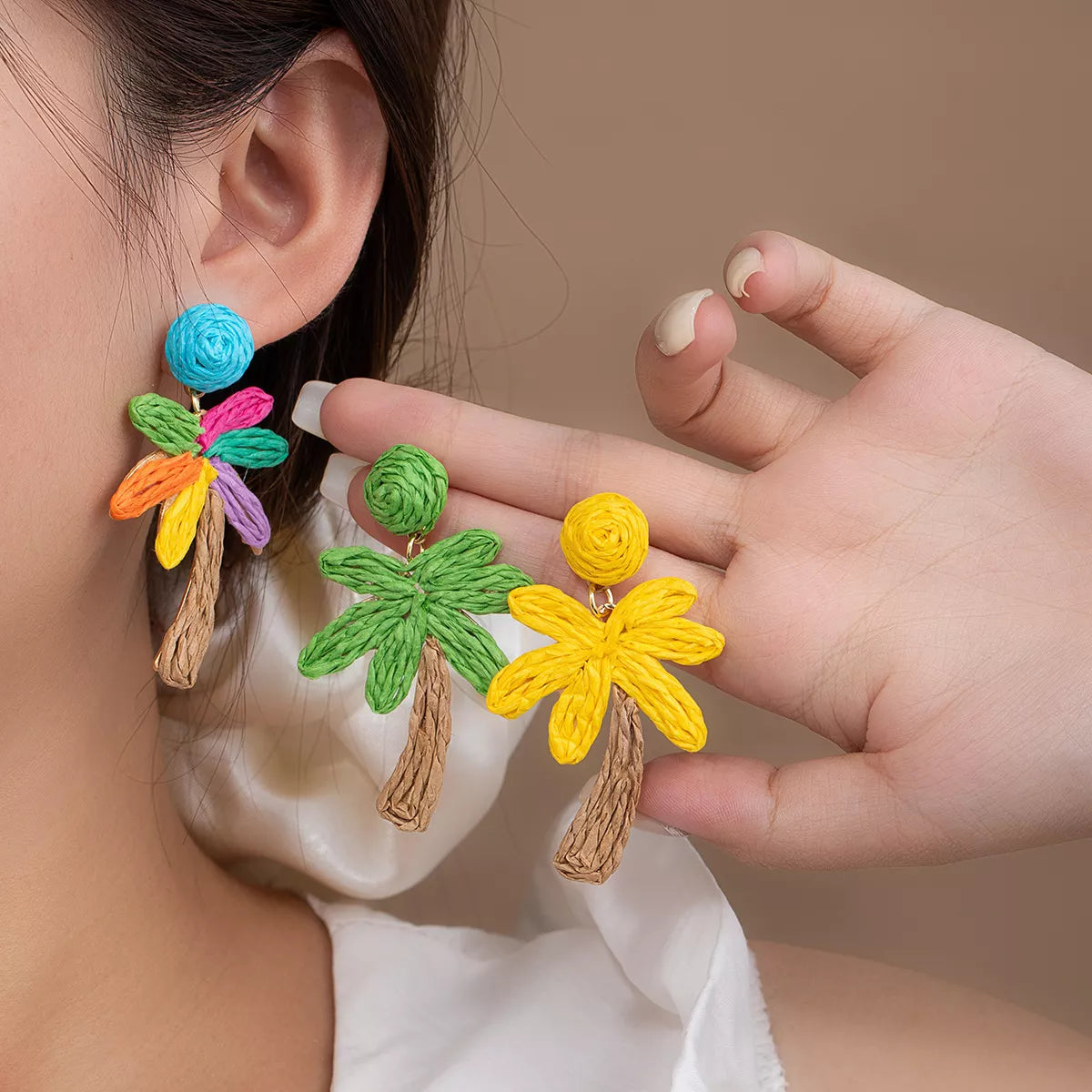 Colorful Woven Flower Drop Earrings in Green - women's drop earrings