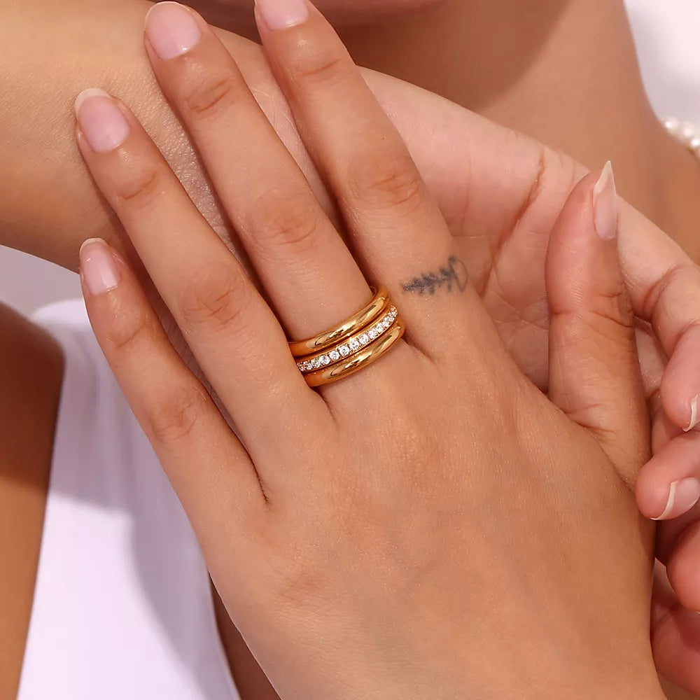 Stainless Steel Zircon Ring 3 Piece Set in Gold - women's ring
