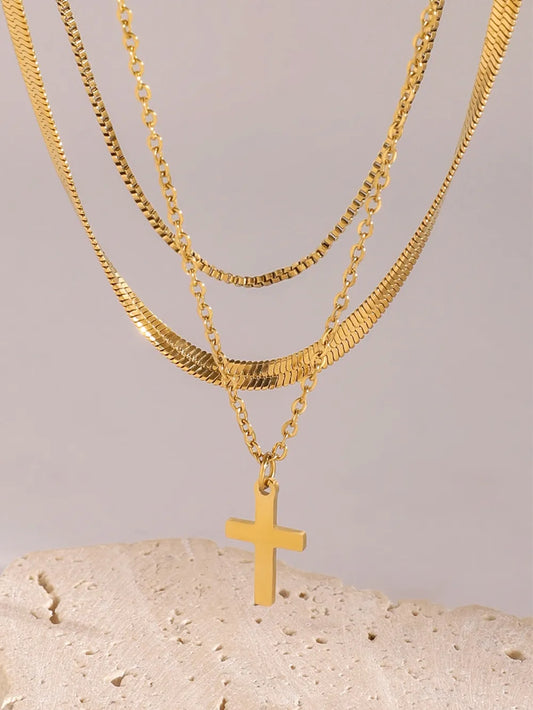 18K Gold-Plated Three-Layered Cross Necklace in Gold - women's layered necklace