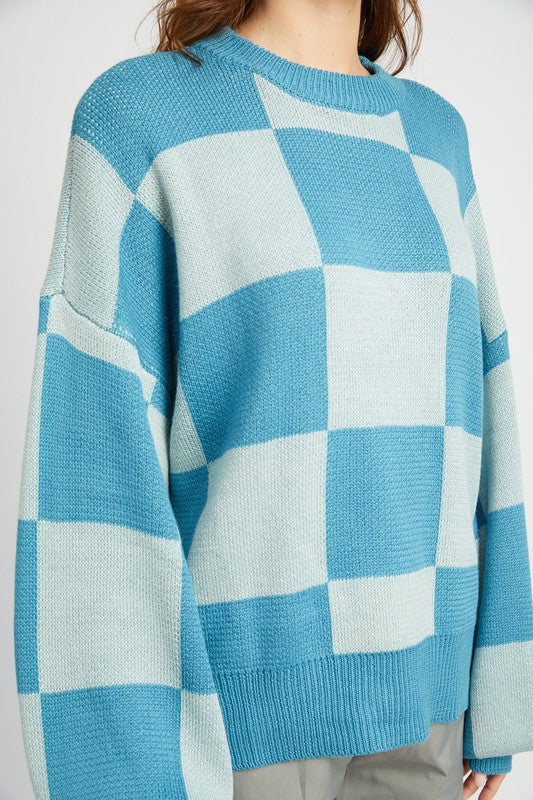 Oversized Checkered Puff Sleeve Sweater