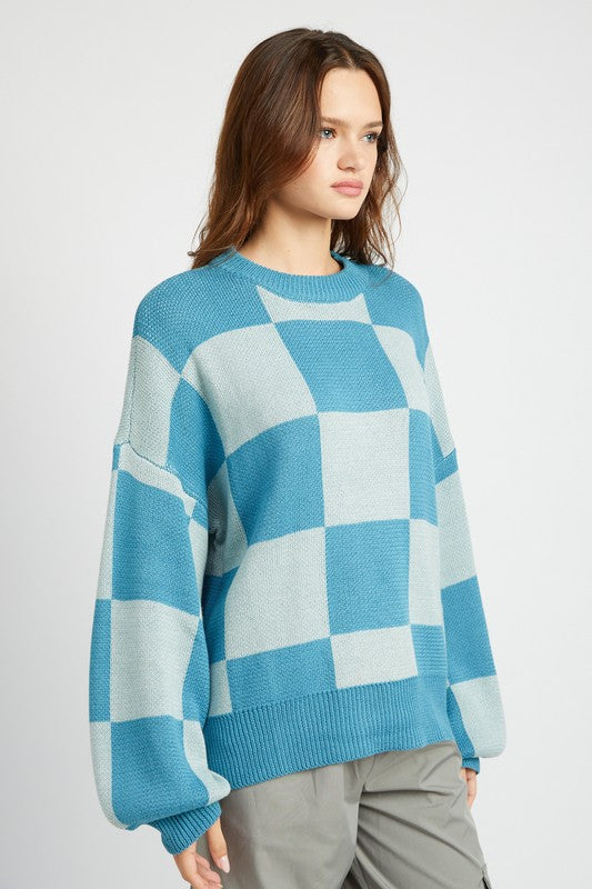 Oversized Checkered Puff Sleeve Sweater