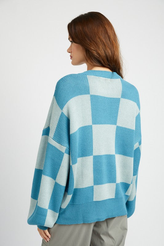 Oversized Checkered Puff Sleeve Sweater