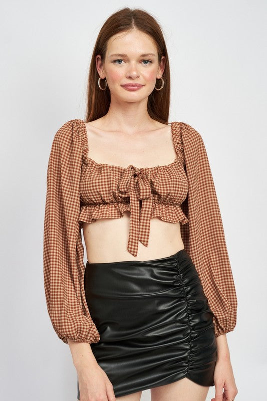 Gingham Long Sleeve Crop Blouse