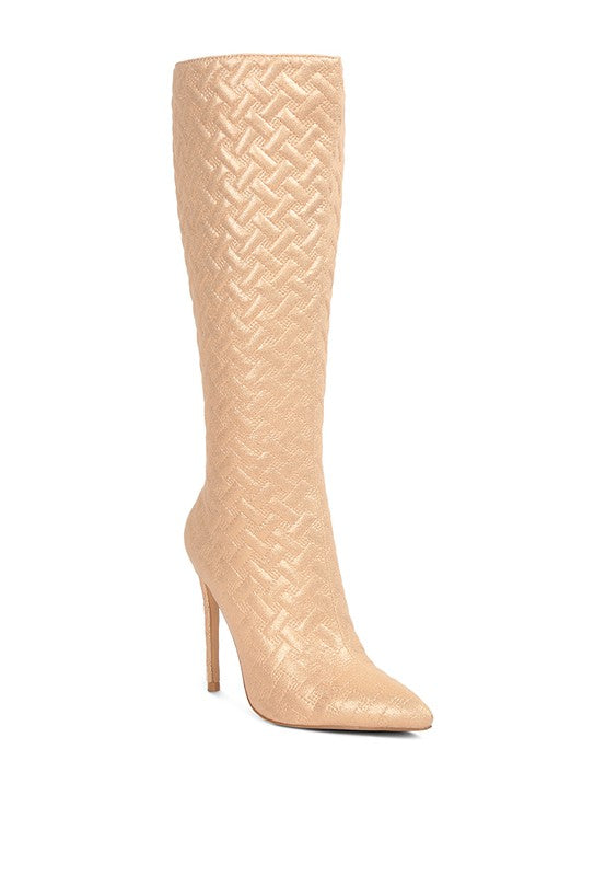 High-Heeled Quilted Boots featuring a unique basket weave patterned quilting, crafted from quilted PU outer material and synthetic lining for durability and comfort. Complete with a TPR outer sole, closed toe, pointed heel, and side zipper opening, these boots combine chic style with functionality. Enjoy free shipping on ALL orders. Shop now!