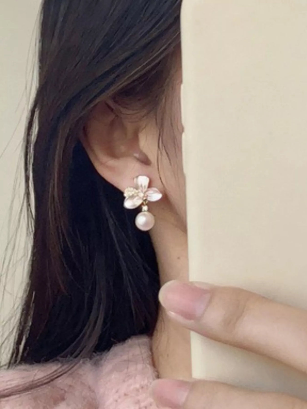 Pearl Flower Drop Earrings - alternate earring view