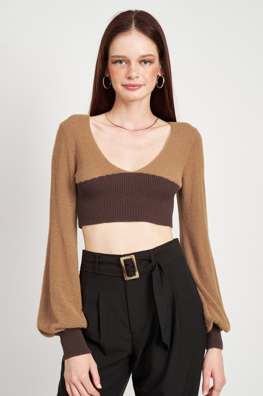 V-Neck Ribbed Crop Blouse