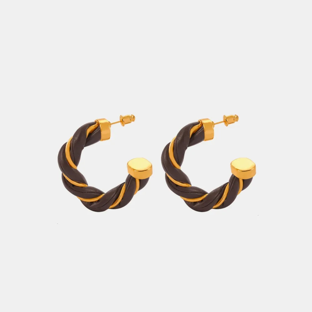 Twisted Leather Rope C-Hoop Earrings in Black - women's hoop earrings