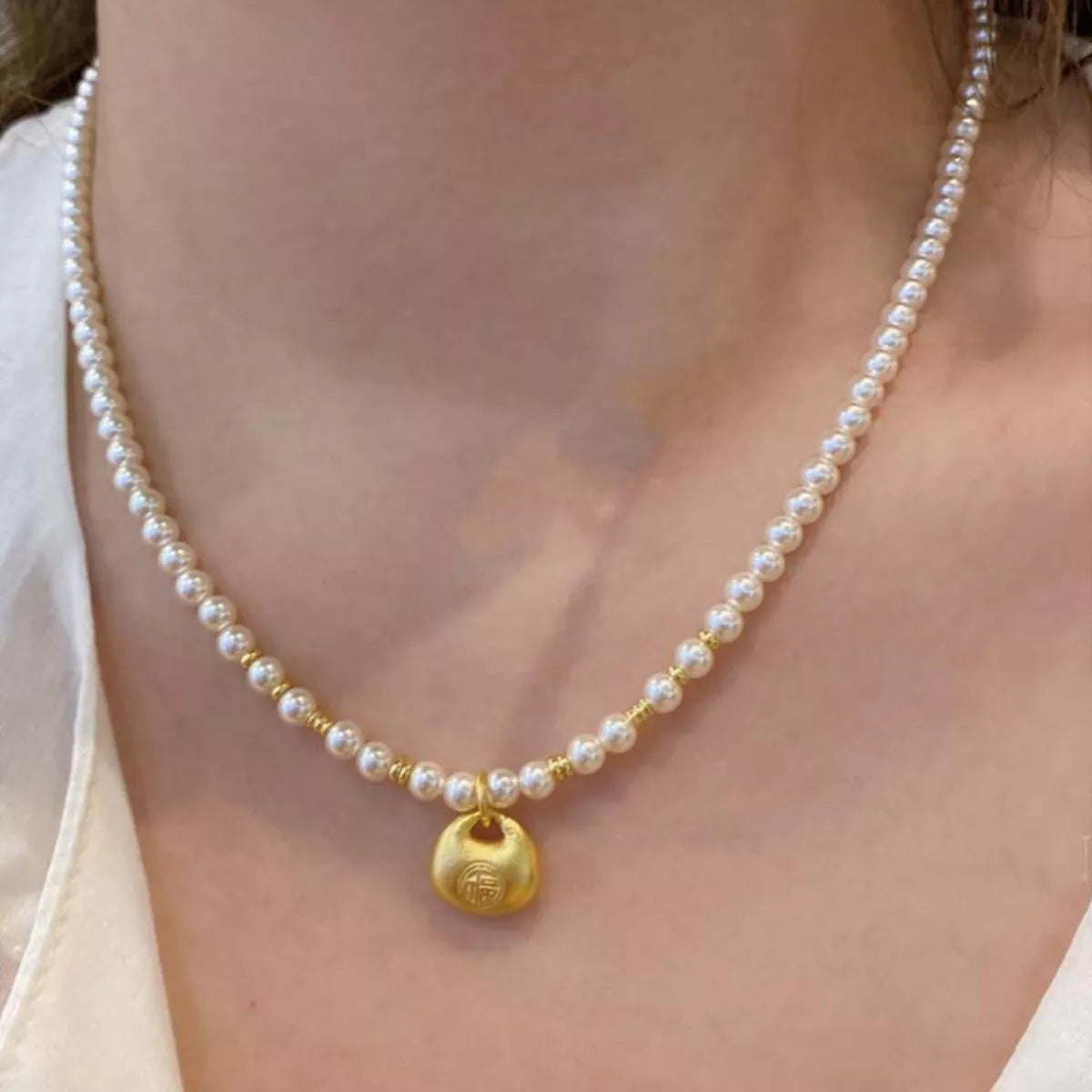 Pearl Necklace with Golden Pendant in Gold - women's pendant necklace