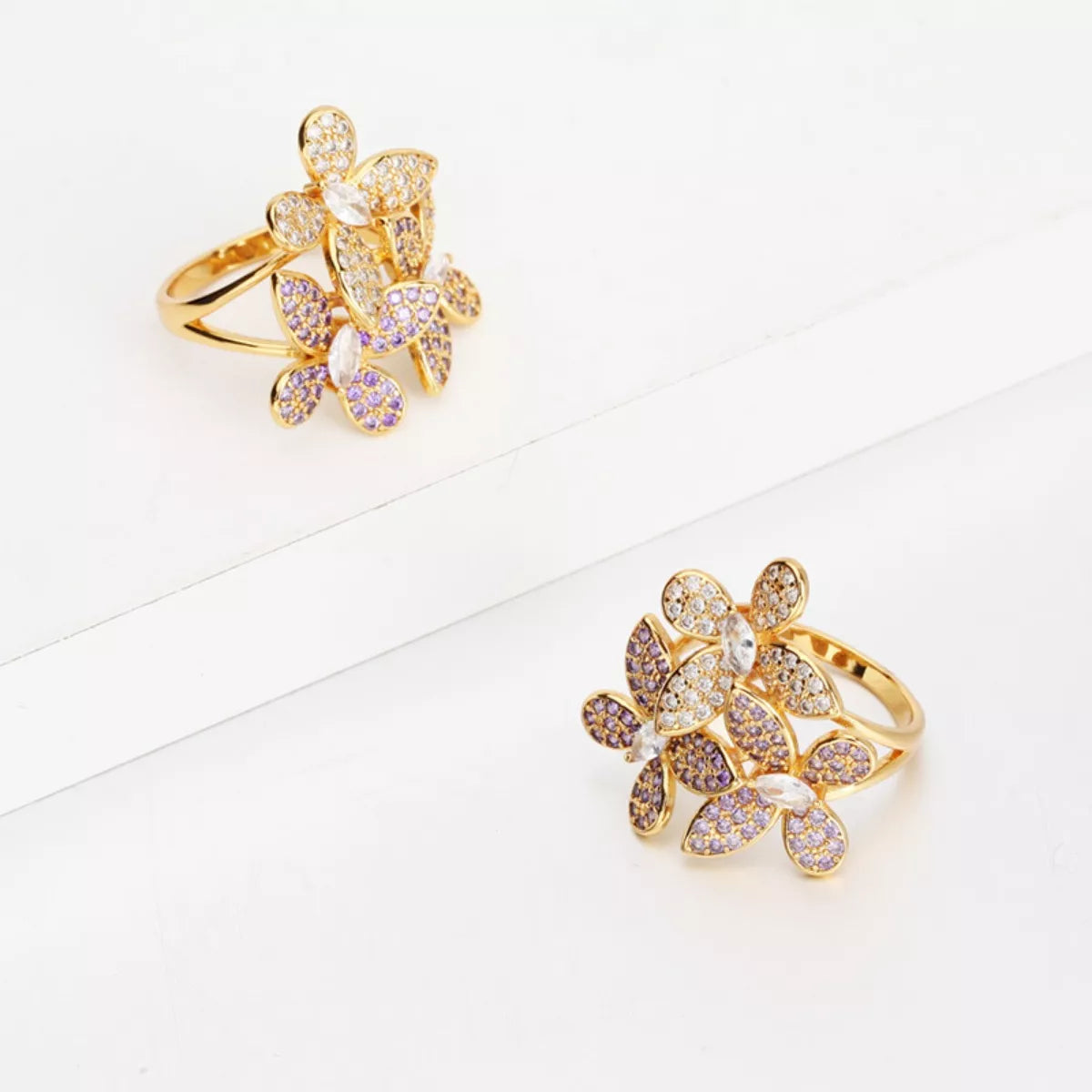 18K Gold-Plated Copper Rhinestone Zircon Flower Ring - alternate ring view
